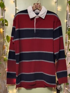 Men's Sonoma Rugby Polo Striped Red Blue Grey Heavy Weave M